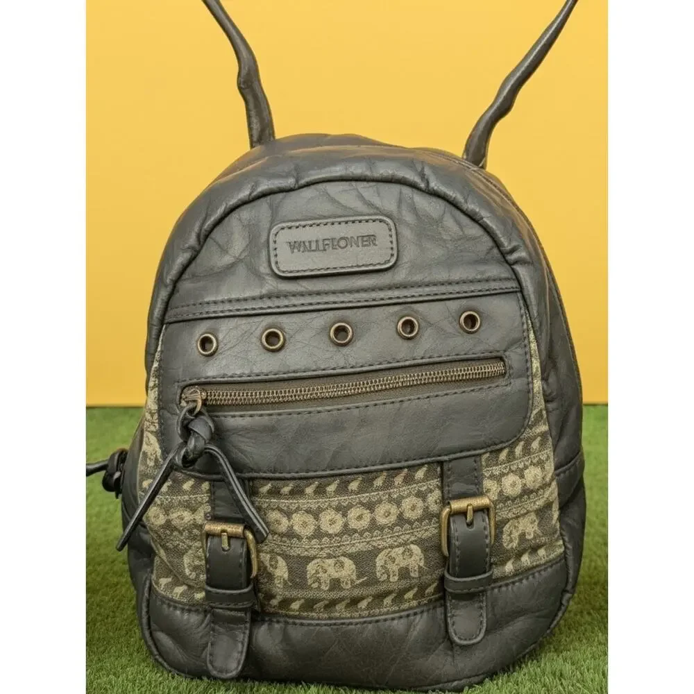 WallFlower Mini Backpack Purse Gray Elephant Tapestry Boho Faux Leather Backpack